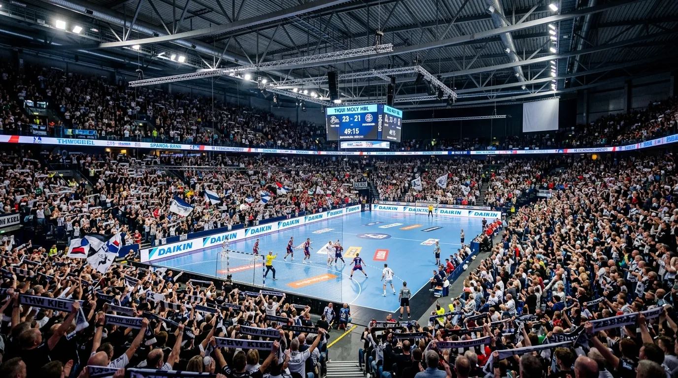 Handball-Bundesliga Arena – Ausverkaufte Halle mit Fans und Spielern auf dem Feld