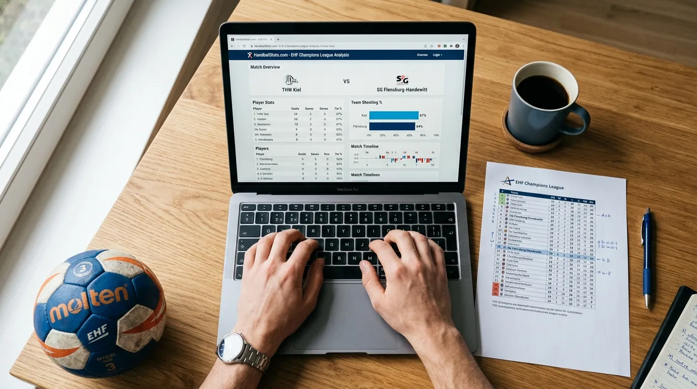 Handball Quoten vergleichen – Person analysiert Statistiken am Laptop mit Handball-Daten