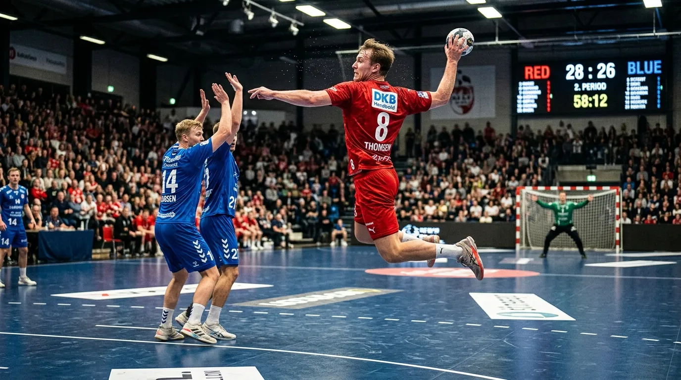 Handball als Wettsport – Nahaufnahme eines Handballspielers am Kreis mit Verteidigern