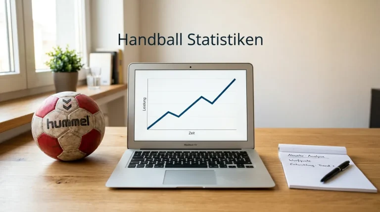 Handball-Datenanalyse – Laptop mit einfachem Diagramm und Handball auf dem Schreibtisch