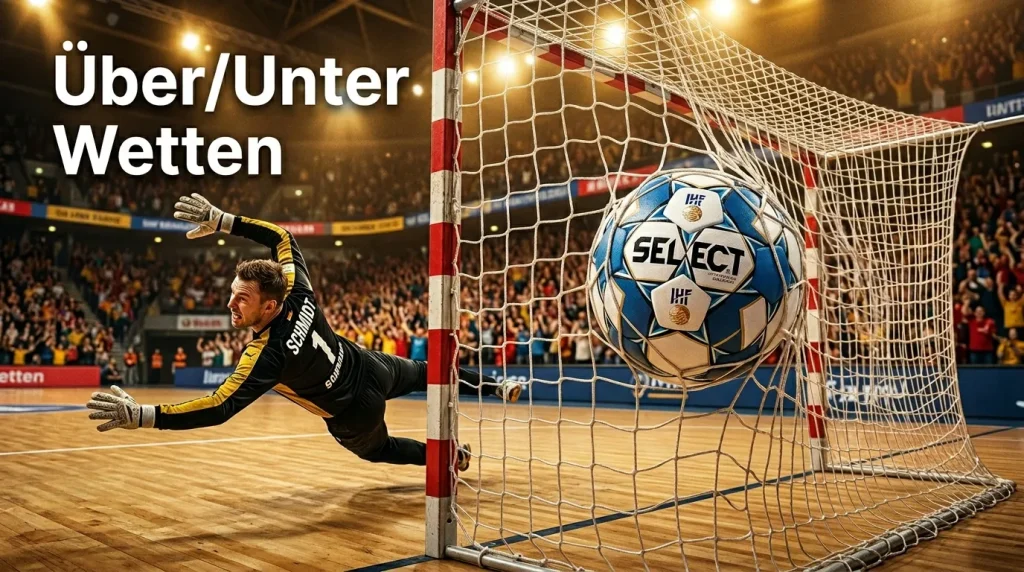Handball-Torwurf – Ball fliegt ins Netz als Symbol für Über/Unter-Torwetten