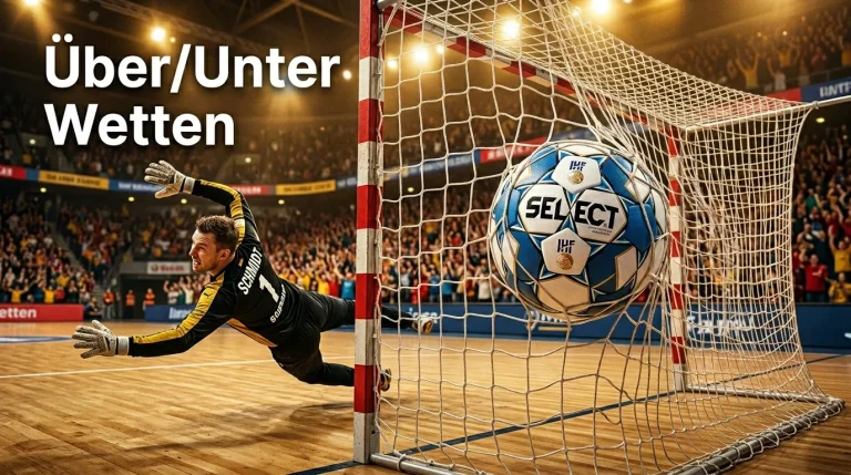 Handball-Torwurf – Ball fliegt ins Netz als Symbol für Über/Unter-Torwetten