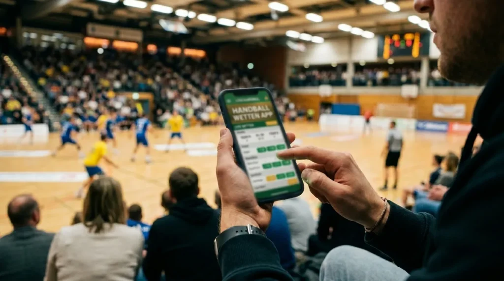 Handball-Fan nutzt Sportwetten-App auf dem Smartphone in der Arena
