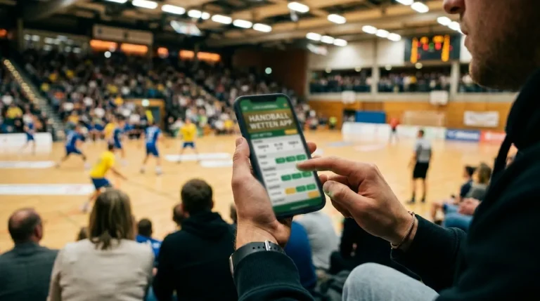 Handball-Fan nutzt Sportwetten-App auf dem Smartphone in der Arena