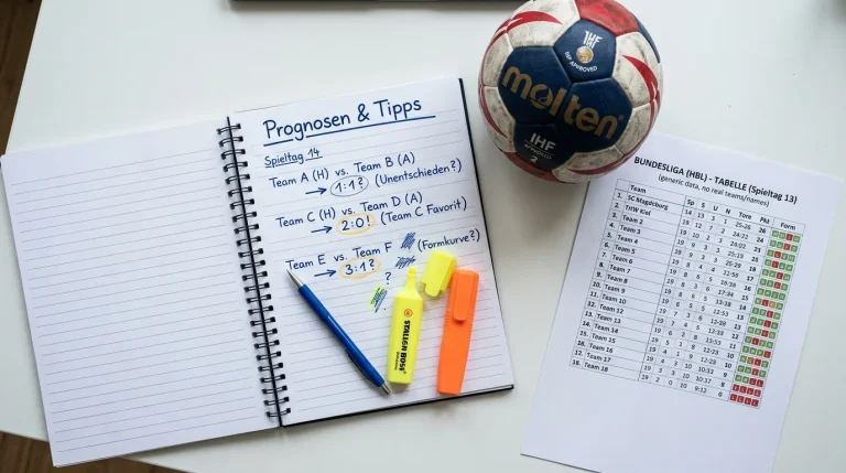Handball-Prognose – Analyse-Notizen und Handball auf einem Arbeitstisch