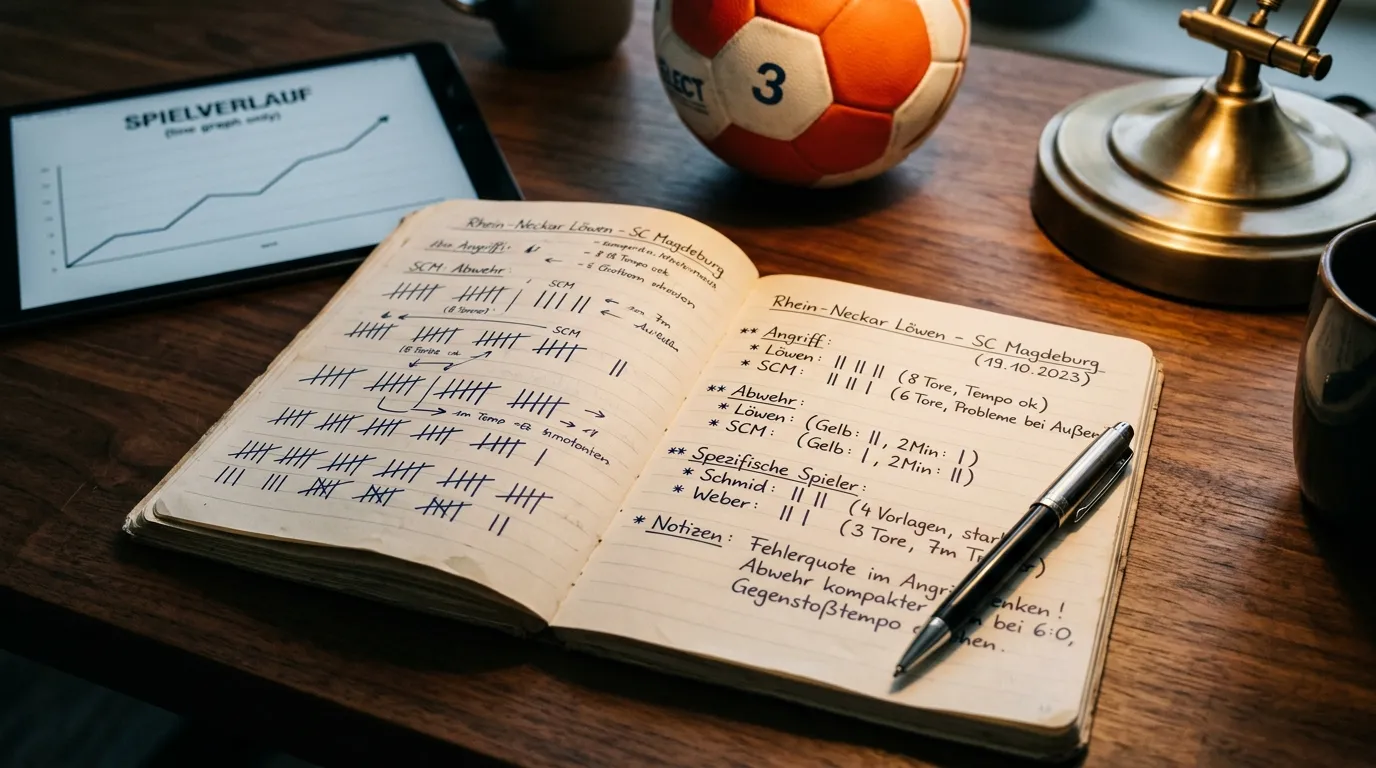 Handball Wetten Strategie – Notizbuch mit Wettanalyse und Handball im Hintergrund