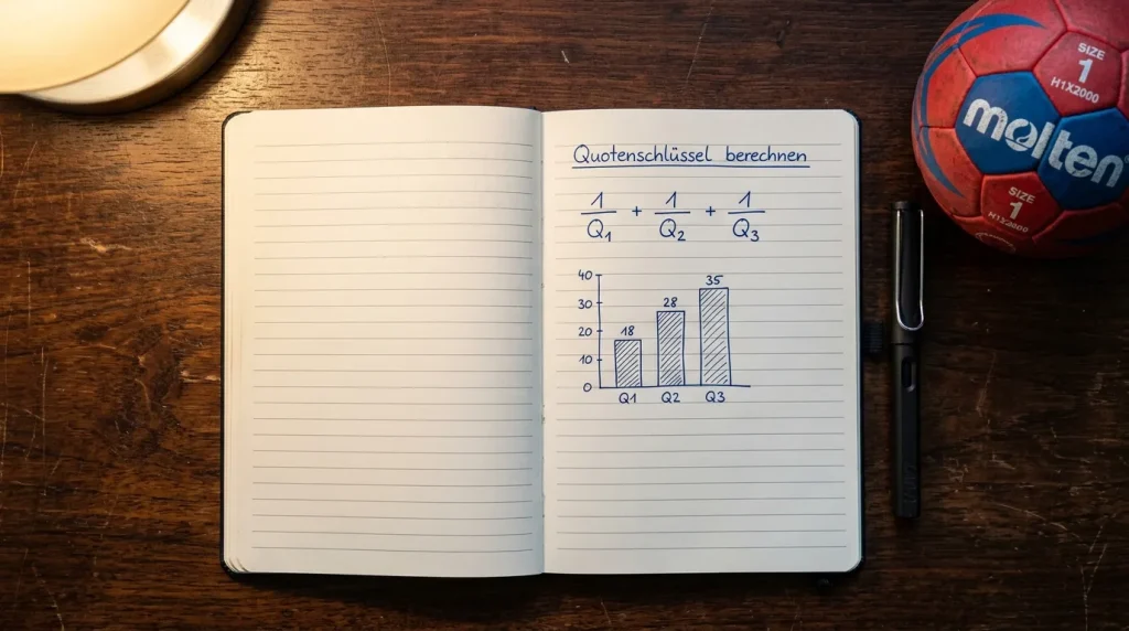 Quotenschlüssel-Berechnung – Notizbuch mit Formel und Handball