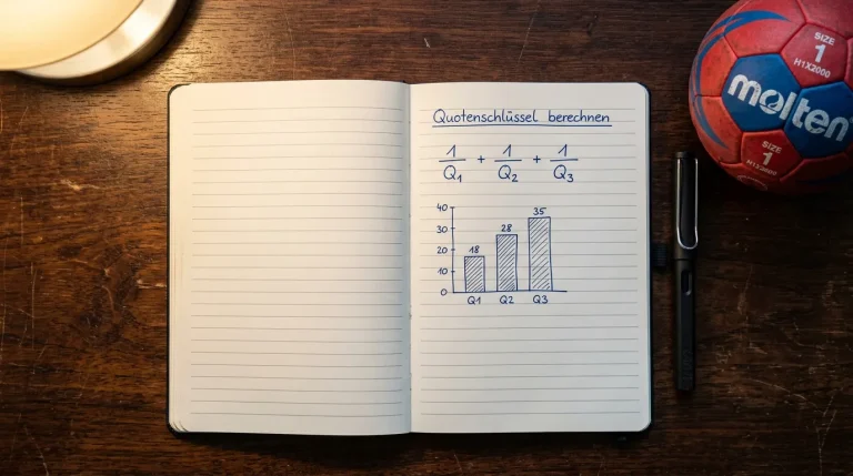 Quotenschlüssel-Berechnung – Notizbuch mit Formel und Handball