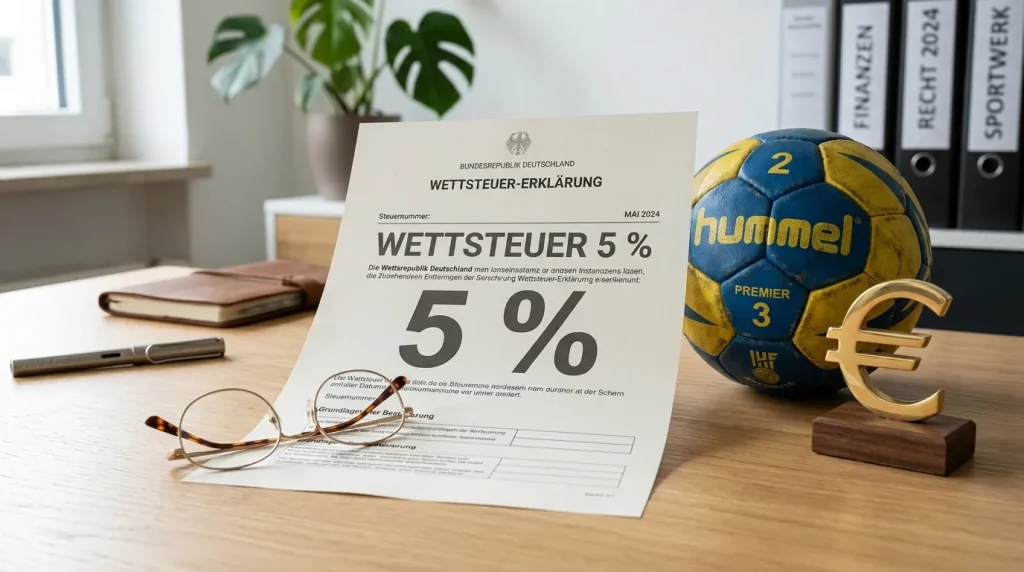 Symbolische 5-Prozent-Wettsteuer – Dokument mit Euro-Zeichen und Handball