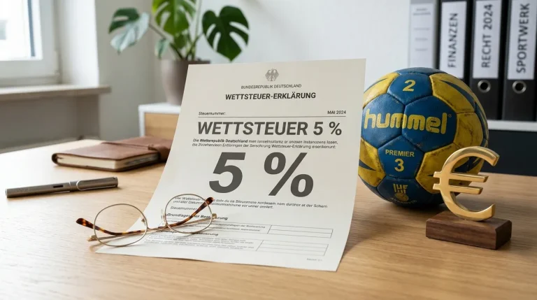 Symbolische 5-Prozent-Wettsteuer – Dokument mit Euro-Zeichen und Handball